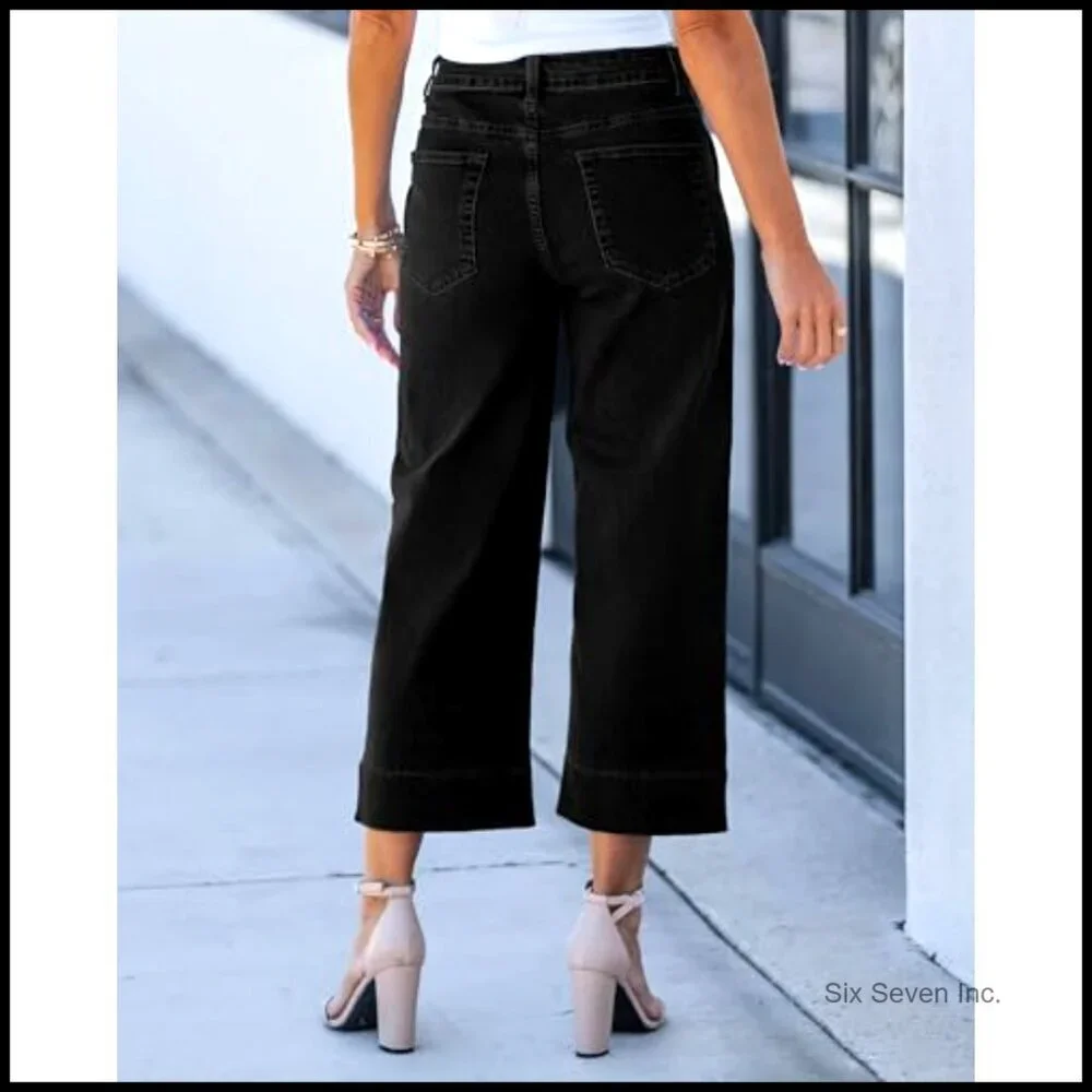 High Waisted Wide Leg Cropped Jeans Stretchy Denim Trendy Y2K Oversized